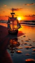 AI creates images of At sunset, An old glass bottle on the white sandy beach, Royalty Free Stock Photo