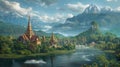 AI creates images, Thai temples Located along the river, near the mountains, Royalty Free Stock Photo