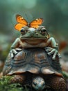 AI creates images of tree frog with a butterfly on its head sitting Royalty Free Stock Photo