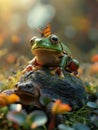 AI creates images of tree frog with a butterfly on its head sitting