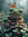 AI creates images of tree frog with a butterfly on its head sitting Royalty Free Stock Photo