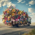 AI creates images of trucks carrying various types of flowers, trees, and plants