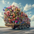 AI creates images of trucks carrying various types of flowers, trees, and plants