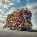 AI creates images of trucks carrying various types of flowers, trees, and plants