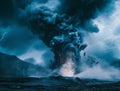 AI creates images of volcanic eruptions of lightningwave, landscapes, captivating documentary photos,