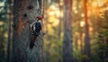 AI creates images of A woodpecker is standing in a tall tree,