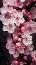 AI creates sharp images of beautiful pink cherry blossoms, dew drops,