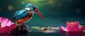 AI creates sharp images. A kingfisher catches a fish in a pink lotus pond. Sharp, colorful images