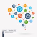 Travel plane, tour map, hotel booking, flight ticket integrated business vector icons. Digital mesh smart brain idea