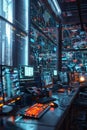 AI cyber security, High-tech control room with cybersecurity experts monitoring real-time data analytics and threat alerts.