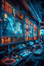 AI cyber security, High-tech control room with diverse cybersecurity experts monitoring real-time data analytics and threat