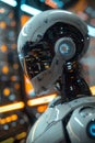 AI cyber security, Humanoid robot defends against network attacks in futuristic command center with holographic displays.