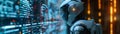AI cyber security, Humanoid robot defends against network attacks in high-tech command center with holographic displays.
