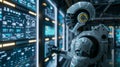 AI cyber security, Humanoid robot defends against network attacks in a modern command center with holographic displays.