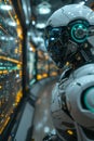 AI cyber security, Humanoid robot defends network attacks in high-tech command center with holographic displays.