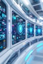 AI cyber security, State-of-the-art data center with advanced cybersecurity tools and real-time malware analysis displays.