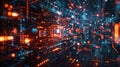 AI cyber security, Virtual landscape with secure browser connections and firewall graphic, lines of code cascading down.