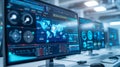 AI cyber security, Virtual simulation of advanced malware prevention techniques in high-tech control room.