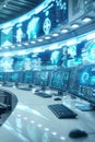 AI cyber security, Virtual simulation of malware prevention techniques in high-tech control room for cyber security monitoring.