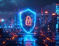 AI Cybersecurity Shield with Digital Lock for Data Protection and Network Security Royalty Free Stock Photo