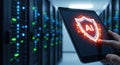 AI Cybersecurity Shield on Tablet in Server Room Royalty Free Stock Photo