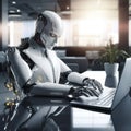 AI cyborg android Robot working with laptop in office Artificial Intelligence Generative AI Royalty Free Stock Photo