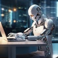 AI cyborg android Robot working with laptop in office Artificial Intelligence Generative AI Royalty Free Stock Photo