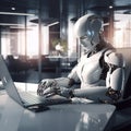 AI cyborg android Robot working with laptop in office Artificial Intelligence Generative AI Royalty Free Stock Photo