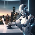 AI cyborg android Robot working with laptop in office Artificial Intelligence Generative AI Royalty Free Stock Photo