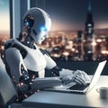 AI cyborg android Robot working with laptop in office Artificial Intelligence Generative AI Royalty Free Stock Photo