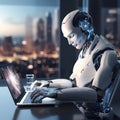 AI cyborg android Robot working with laptop in office Artificial Intelligence Generative AI Royalty Free Stock Photo