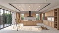 AI 3D Modern Kitchen Under Construction with Wooden Cabinets Royalty Free Stock Photo