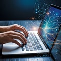 Hands on Laptop with Neural Network Visuals Royalty Free Stock Photo