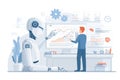 AI data processing illustration with robot and human analyzing graphs Royalty Free Stock Photo