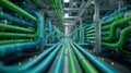 AI Decision-Making Logic Diagram with Industrial Data Pipeline and Glowing Green Pipe Network in Symmetrical Technical Perspective Royalty Free Stock Photo