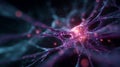 AI Decision-Making Matrix with Biological Neuron Synthesis, Glowing Pink Nucleus and Synaptic Network Connections. Royalty Free Stock Photo