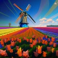 Landscape with Dutch tulips and windmills Royalty Free Stock Photo