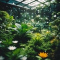 AI-Designed Cosmic Greenhouse: Blossoms and Trees in Colorful Space.