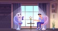 Ai dialogue. Background conceptual illustration of smart chatbot and male person smart future connection exact vector