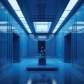 AI digital art in a minimalist style featuring a long, narrow view of an all-blue room with a marble sculpture.