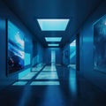 AI digital art in a minimalist style featuring a long, narrow view of an all-blue room with an oil painting at the far end.