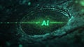 An AI digital hologram symbol featuring neural network connections and a green pixelated design set against a dark