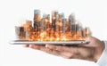 An AI-driven business visualization featuring a businessman holding a tablet with office buildings inside, using a Royalty Free Stock Photo