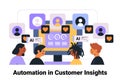AI-driven customer insights teamwork with diverse people analyzing data on a computer screen surrounded by user icons