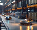 An AIdriven logistics warehouse where automated vehicles and drones organize and transport goods seamlessly