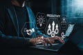AI-driven productivity and business automation concept. Professional using laptop with artificial intelligence improving workflow Royalty Free Stock Photo