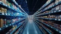 AI driven retail analytics optimize product placement, inventory management. Modern grocery store aisle. Digital network overlays