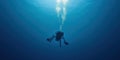 AI driven robot exploring deep ocean with bubbles rising to surface