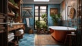 Eclectic home interior bathroom,various styles and periods,diverse and personalized look,reflects individual tastes