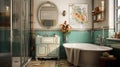 Eclectic home interior bathroom,various styles and periods,diverse and personalized look,reflects individual tastes
